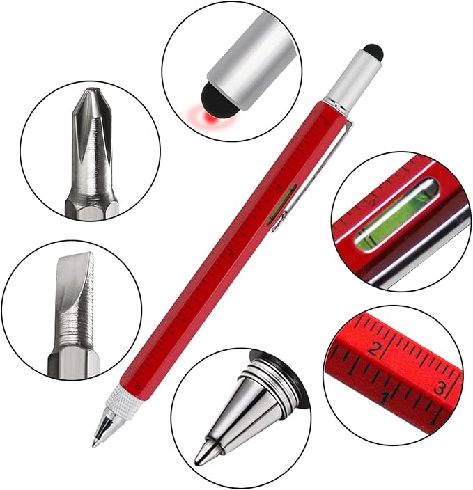 HeTaoCat Gifts Multi Tech Tool Pen 6 in 1 Stylus Pen - Screwdriver Pen with Ruler, Levelgauge, Ballpoint Pen Black ink (Red)