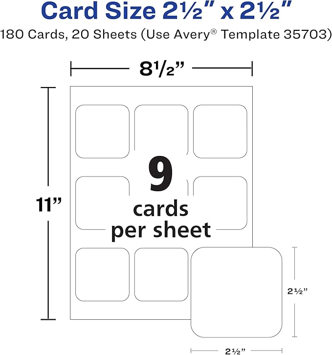 Avery Clean Edge Printable Square Cards with Sure Feed Technology, Rounded Corners, 2.5" x 2.5", White, 180 Blank Cards for Laser Printers (35703)