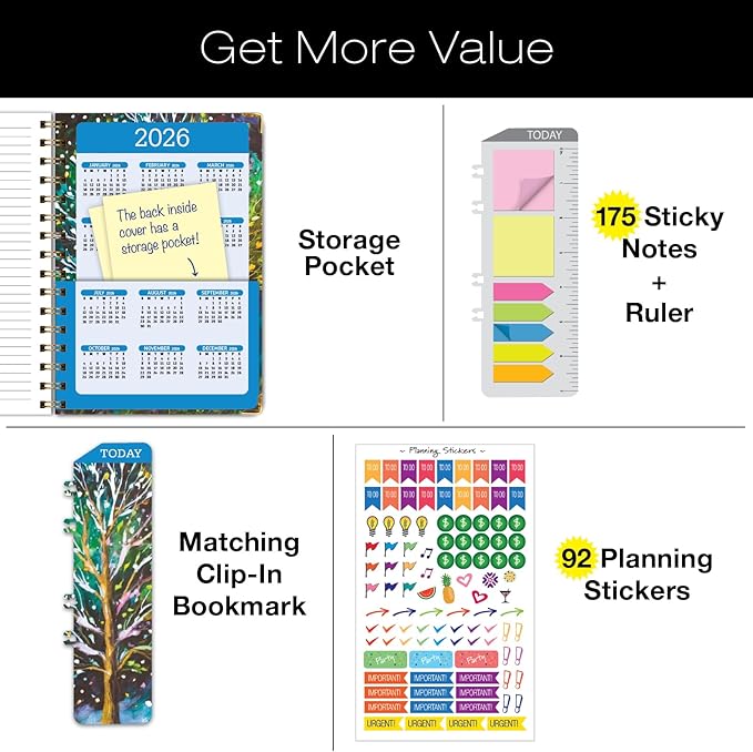 HARDCOVER 2025 Planner, 5.5"x8": 14 Months (November 2024 - December 2025), Daily Weekly Monthly Planner, Yearly Agenda, Bookmark, Pocket Folder and Sticky Note Set (Black Tree Seasons)