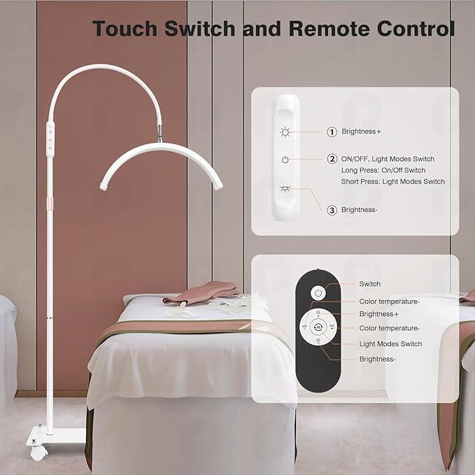 Lash Light for Eyelash Tech with Wheels, Half Moon Light for Lashes, Nails and Estheticians, LED Floor Lamp Adjustable Brightness and Color Modes (White)