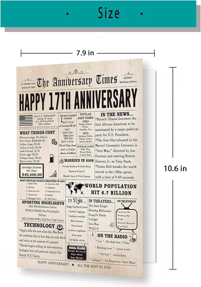 Happy 17th Anniversary Cards Gifts for Women Men, Large 17th Wedding Anniversary Card Gift Ideas for Parents, Unique 17 Year Anniversary Card for Wife Husband