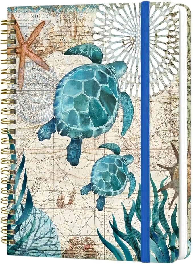 Spiral Notebook - A5 Spiral Notebooks, 8.3'' × 5.8'', 160 Pages, Aesthetic Journaling Notebooks for Women, College Lined Notebook with Elastic Closure, Back Pocket, for School Office, Two Turtle
