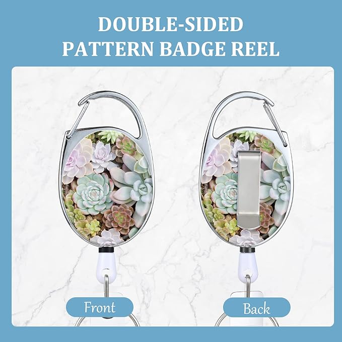 Badge Reels Retractable，Double Sided Color Print Pattern Retractable Badge Holders，with Retractable Keychain, Badge Clip and Key Ring，Durable Nylon Retractable Rope，Succulents