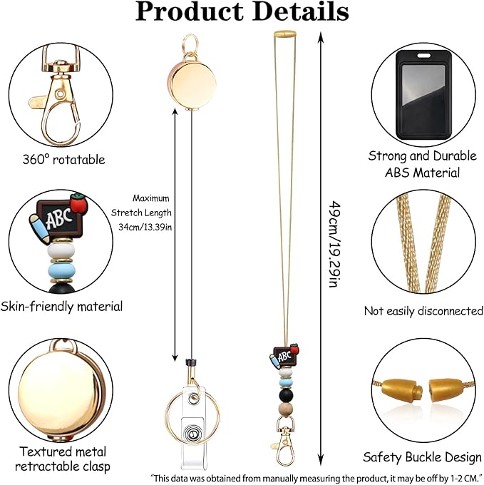 Colorful ID Badge Holder with Silicone Beads Lanyard Set,Cute Teacher Breakaway Lanyard for Keys & Keychain with Cute Retractable Badge Reel Holder,Gift for Women,Nurse, Teacher. (C)