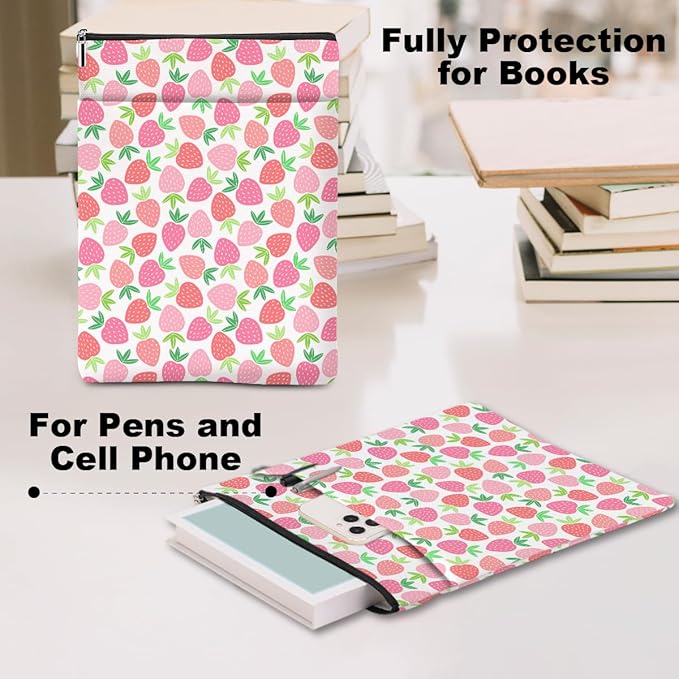 Strawberry Pattern Book Lovers Gifts Waterproof Book Sleeve Book Pouch Book Protector with Zipper and Front Pocket BookCover Case for Women Girl Sister Bestie Book Accessories Book Club Gifts