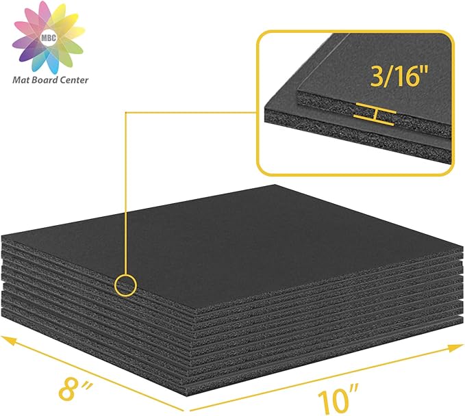Mat Board Center, Pack of 10 Acid-Free Foam Boards, 8x10 inch Black Foam Boards, 3/16" Thick