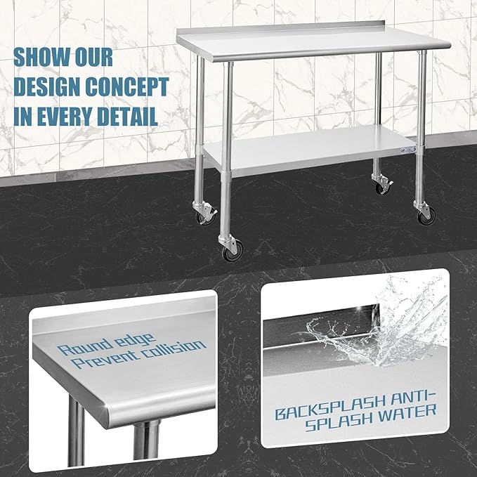 HALLY Stainless Steel Table for Prep & Work 24 x 48 Inches with Caster Wheels, NSF Commercial Heavy Duty Table with Undershelf and Backsplash for Restaurant, Home and Hotel