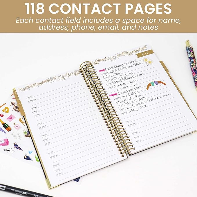 bloom daily planners New Address Book with Alphabetical Tabs - Hardcover Contact Book & Password Book Organizer for Addresses, Phone Numbers & More (6” x 8.25”) - Black & Gold Embroidery