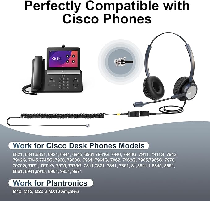Wired Office Deskphone Landline Phone Headset with Microphone, RJ9 Noise-canceling Telephone Headset QD for Cisco IP Phone 794X 796X 797X 69XX Series & 8811,8841,8851,8861,8941,8945,8961,9951,9971...