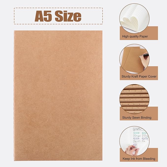 EOOUT 100pcs Lined A5 Kraft Notebook, Journals for Travelers 8.3x5.5in Notebooks 30 Sheets/60 Pages for Students and Office Travel Journal Set
