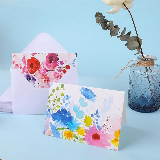 48 Pack Blank Cards and Envelopes, Watercolor Flowers Blank Greeting Cards, Blank Cards for All Occasion