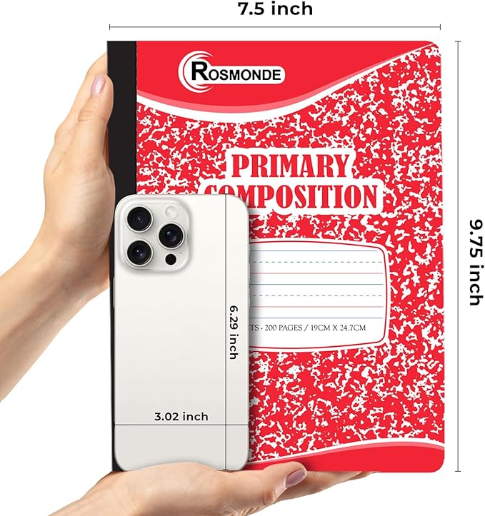 5 Pack Primary Composition Notebook, 200 Pages (100 Sheets), Drawing Story Journal Writing Notebook, 9-3/4 x 7-1/2, Primary Composition Notebook for Kids, Grades K-2, With Header For Drawing