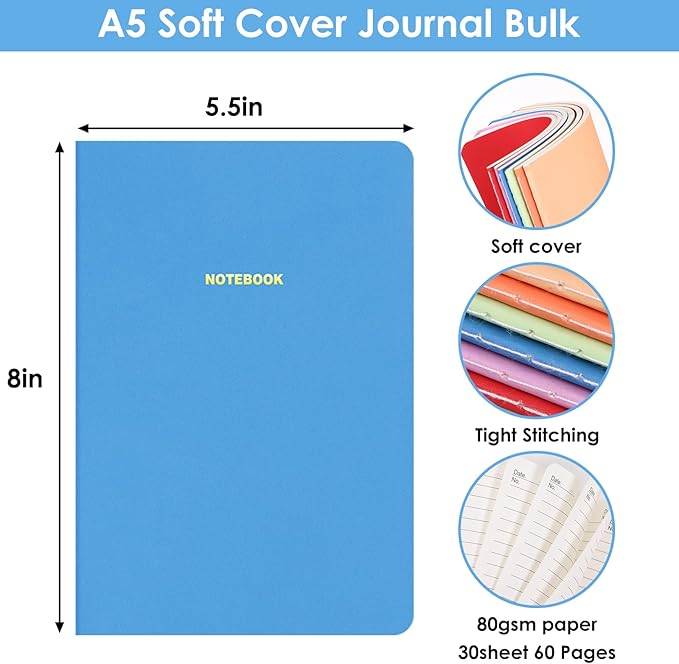 LABUK 12pcs A5 Bulk Notebooks Journals, 5.5 x 8in Lined Pastel Journal Notebook, Colors Ruled Journals for Writing, Office,60 Sheets 6 Color