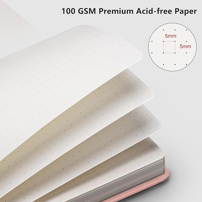 RETTACY Bullet Dotted Journal, A5 Dotted Notebook Journal with 192 Pages, 5.7'' × 8.3'', Medium Size, 100 GSM Thick Paper, Leather Hardcover, Bullet Journaling, Planning (Pink)