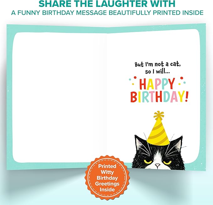 Decorably Gold-Foiled 5x7in Individual Funny Cat Birthday Card with Birthday-Themed Cutouts and Ribbon, Textured Cat Card Set with Envelope and Stickers, with Printed Message Inside