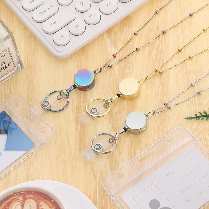 Lanyards for Id Badges 3 Pack Badge Lanyard with 6 Pcs Id Badge Holder Retractable Stainless Steel Teacher Lanyards Cruise Ship Lanyards for Girl Women (Gold, Silver, Bright Blue)