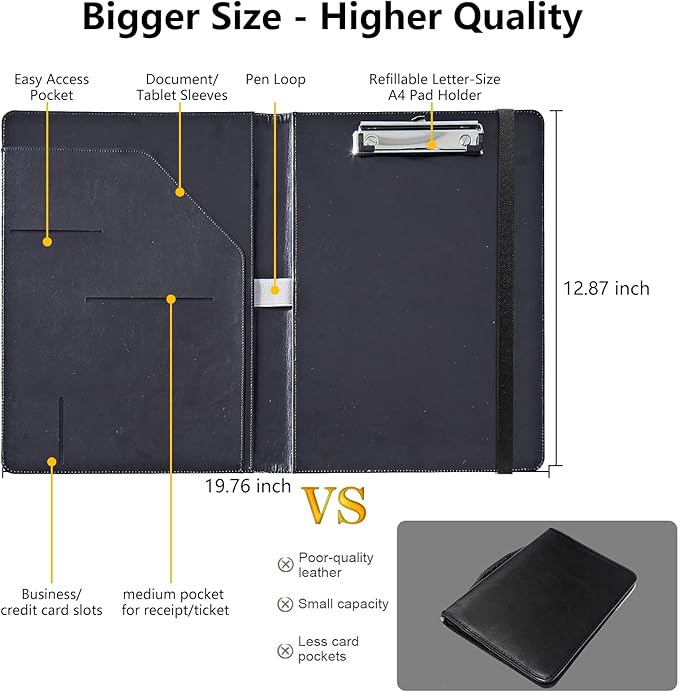 Lion PU Leather Padfolio Clipboard Notepad with Pen Loop and Elastic Strap Interview/Resume Document Organizer for Business School Office