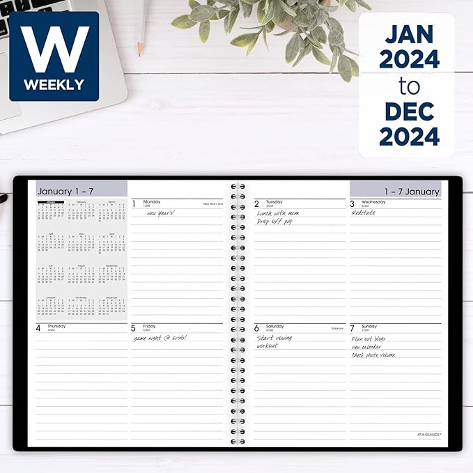 AT-A-GLANCE 2024 Weekly Planner, DayMinder, Block-Style, 7" x 8-3/4", Medium, Faux Leather, Black (G5350024)
