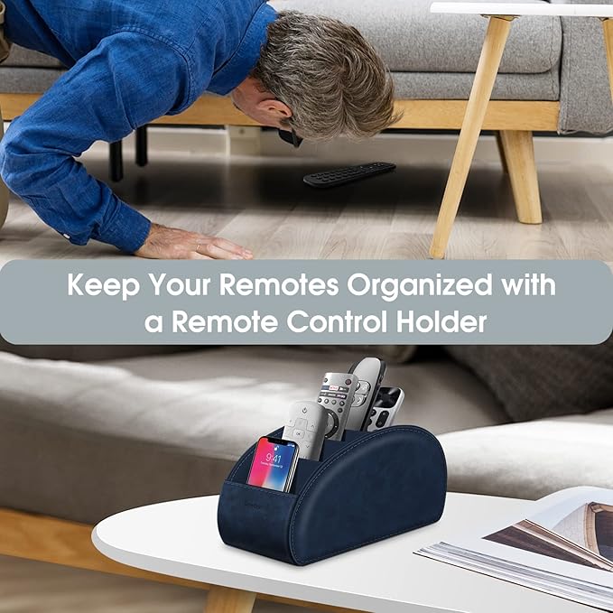 Large Remote Control Holder with 5 Compartments, KENOBEE Anti-slip Desktop Caddy Storage Organizer for Phone, Remote Controllers, Office Supplies, Makeup Brush, Media Accessories,Blue