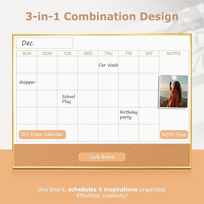 Calendar Whiteboard for Wall - 24'' x 18'' Magnetic Monthly Dry Erase Calendar with Cork Board - Gold Aluminum Frame