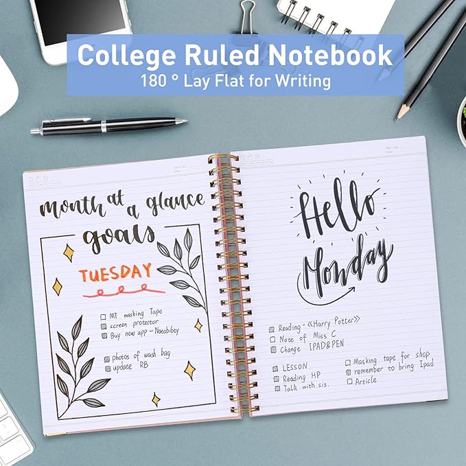 Spiral Notebook, College Ruled Notebook Journal, 7” x 10”, 300 Pages Leather Writing Journal for Women Men, B5 Hardcover Notebook for Work School, 24pcs Index Tabs, Black