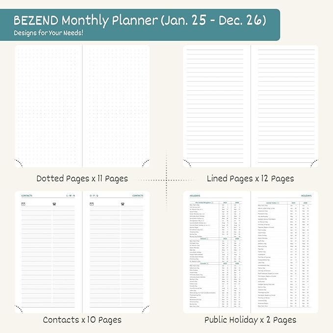 BEZEND 2 Year Pocket Calendar 2025-2026 - Small Monthly Planner for Purse 6.5" x 3.5", Runs Jan 2025 to Dec 2026, 100 GSM Paper, Pen Loop & Notes, PU Leather Hardcover in Red