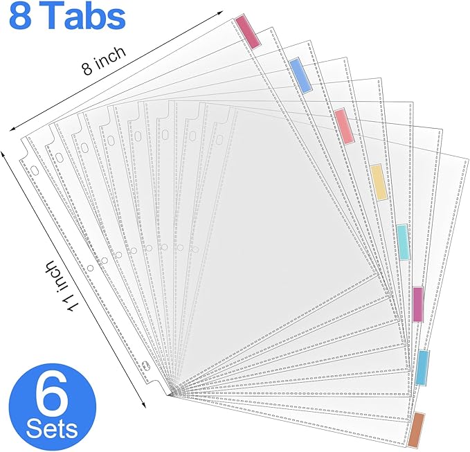 ReliThick 6 Set of 48 Pack Clear Binder Sheet Protectors with 8 Tabs Sturdy Binder Sheet Protectors for 3 Ring Plastic Page Insertable Index Divider, 8.5 x 11 Inch