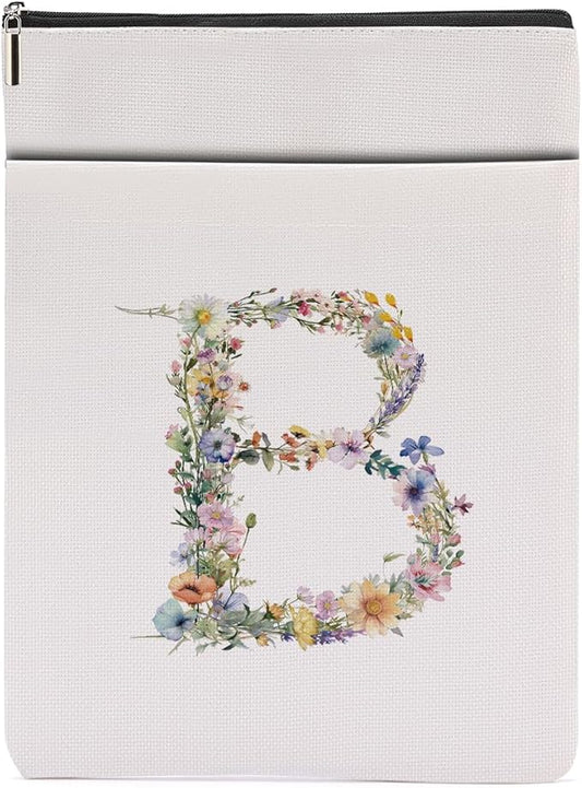 Monogrammed Book Sleeve Floral B Initial Book Pouch Book Accessories Book Lovers Gifts Waterproof Book Cover Book Protector Bookish Gifts Personalized Gifts for Women Girls Readers Bride Teacher