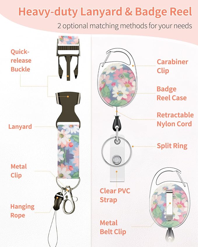Uniclife Floral Sliding Badge Holder Wild Flower Plastic Case with Retractable Badge Reel Carabiner Clip & Detachable Lanyard Strap Fashionable Vertical Card Protector for Women Teacher Student