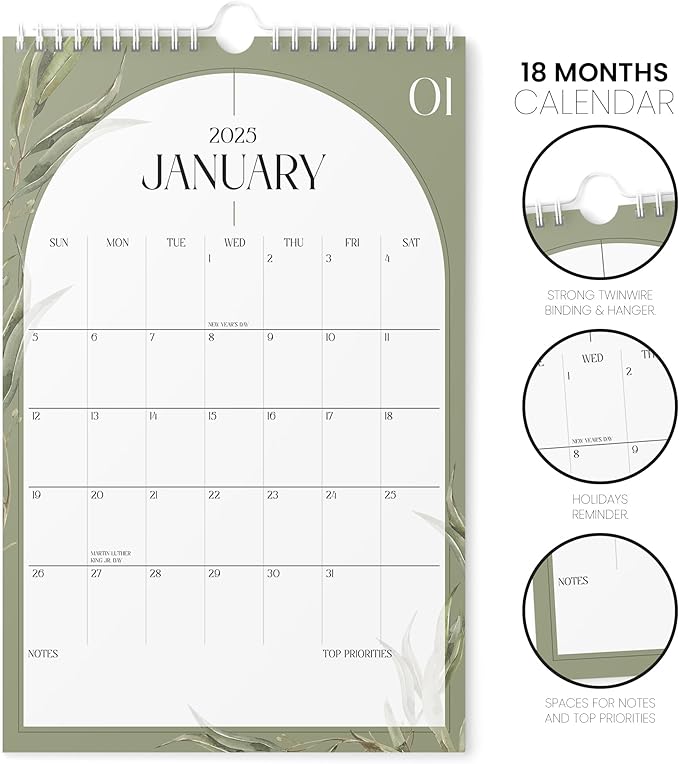 Calendar 2025 - Vertical 11x17 2025 Wall Calendar Runs Until June 2026 - Easy Planning with the Aesthetic Wall Calendar 2025-2026 Monthly - Karto - Boho Greenery