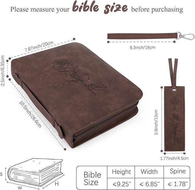 Bible Covers for Women & Men, Leather Bible Case with Rose Bookmark, Bible Supplies Carrying Bag Tote with Strap, Personalized Book Organizer for Study Journaling Bible-Dark Brown