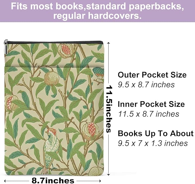 Bird Pomegranate Book Sleeve Book Cover Classic Book Protector with Zipper Christmas Birthday Book Club Gifts Book Accessories for Women Bestie Friends Librarian Girls Bookish Book Lovers Gifts
