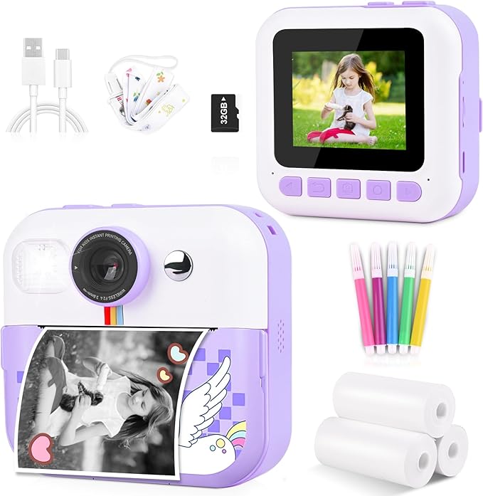 Instant Print Camera, Birthday Day Gifts for Kids Girls Boys, 1080P HD Digital Video Kids Camera, Girls Toys Age 4 5 6 7 8 9 10 Years Old with 32GB SD Card, Purple