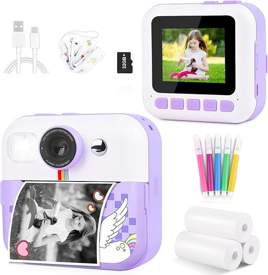 Instant Print Camera, Birthday Day Gifts for Kids Girls Boys, 1080P HD Digital Video Kids Camera, Girls Toys Age 4 5 6 7 8 9 10 Years Old with 32GB SD Card, Purple