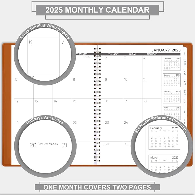 2025 Monthly Planner - 2025 Calendar/Planner 12 Months with Faux Leather, 8.86" x 11.4", Jan.2025 - Dec.2025, 15 Notes Pages, Strong Twin - Wire Binding, Pocket, Monthly Tabs, Perfect Organizer