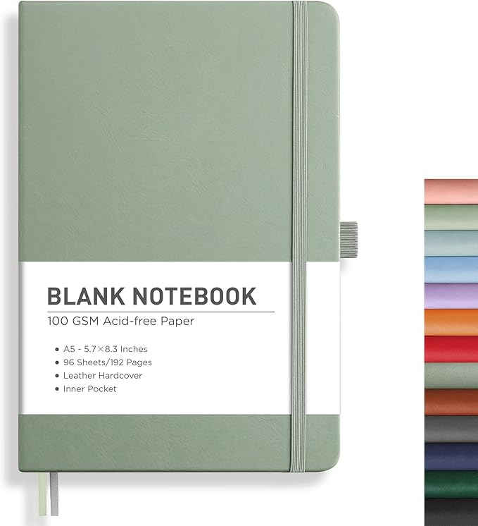 RETTACY Blank Journal Notebook, A5 Blank Journal with 192 Pages, 5.7'' × 8.3'' Medium Size, 68 LB/100 GSM Thick Paper, Leather Hardcover, for Sketching, Drawing, Painting (Sage Green)
