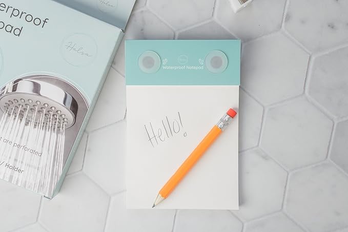 Halsa Waterproof Shower Notepad with Pencil, Sharpener & Suction Cups – 40 Sheets for Waterproof Writing – Capture Ideas in the Shower – Ideal for Bathroom, Office, or Travel