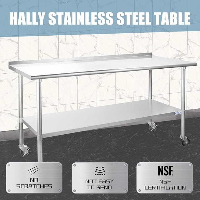 HALLY Stainless Steel Table for Prep & Work 24 x 72 Inches with Caster Wheels, NSF Commercial Heavy Duty Table with Undershelf and Backsplash for Restaurant, Home and Hotel