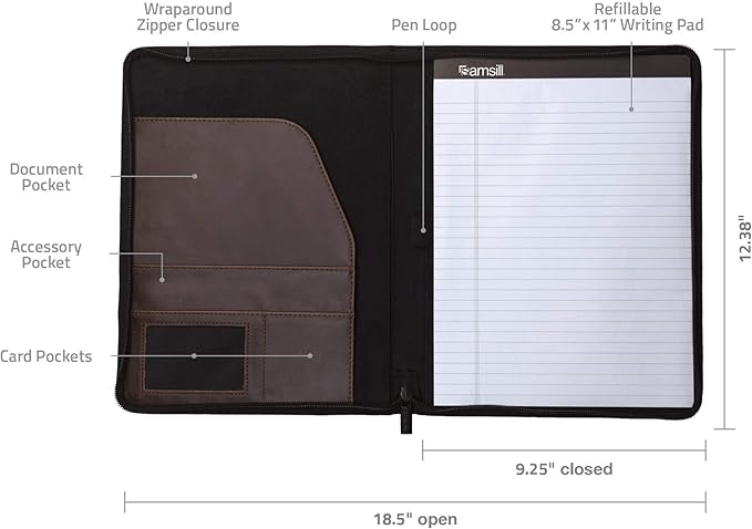 Samsill Vintage Portfolio/Zipper Faux Leather Portfolio, Book Style Hardback Design, Business & Interview Padfolio Organizer, 8.5 x 11 Writing Pad, Dark Brown