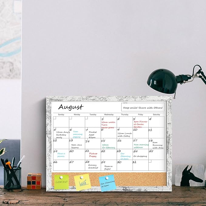 Dry Erase Calendar for Wall, 17"x13" Whiteboard Calendar Cork Board Combo, Magnetic White Board Monthly Calender with Wood Framed, Hanging Dry Erase Board for Office Kitchen Home Planner Memo