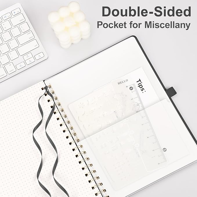 AHGXG Bullet Dotted Journal Spiral Notebook, Large B5 Dotted Notebook 140 Pages, Leather Hardcover, 100 GSM Thick Dot Grid Paper, Inner Pocket, for Bullet Journaling, 7.6" x 10", Black