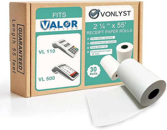 Receipt Paper Roll for Valor Paytech VL 110 and VL 500 Credit Card Machine (30 Rolls)