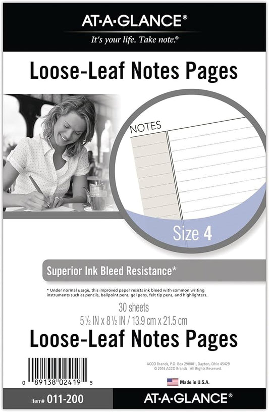 AT-A-GLANCE Day Runner Notes Pages, 87228 DAY-TIMER, Refill, Loose-Leaf , Undated, for Planner, 5-1/2" x 8-1/2", Size 4, 30 Sheets/Pack (011-200)