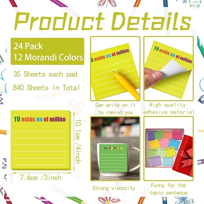 Yinder 24 Pcs Inspirational Sticky Notes with Lines Cute Motivational Sticky Notes Pad Employee Appreciation Gifts Bulk for Teacher Nurse Coworkers Office Supplies 3 x 3''(Spanish,Appreciation)