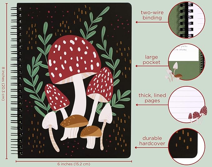Steel Mill & Co Cute Mini Spiral Notebook, 8.25" x 6.25" Journal with Durable Hardcover and 160 Lined Pages, Mushroom