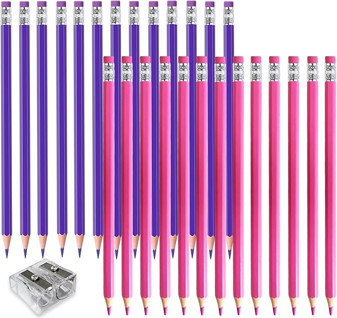 Adhere 25pcs Checking Pencils Erasable colored Pencils Pre-Sharpened #2 HB,for Checking Tests Grading Map Coloring,including a Free sharpener. (Pink 13pcs + Purple 12pcs)