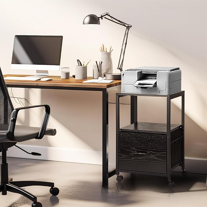 2 Tier Metal Mobile Under Desk Home Printer Stand with Storage Drawer Small File Cabinet for Home Office with Wheels Printer Tables for Small Spaces, Black