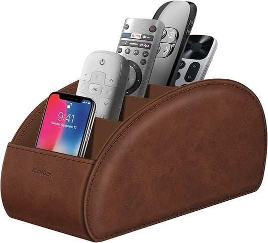 Large Remote Control Holder with 5 Compartments, KENOBEE Anti-slip Desktop Caddy Storage Organizer for Phone, Remote Controllers, Office Supplies, Makeup Brush, Media Accessories,Brown
