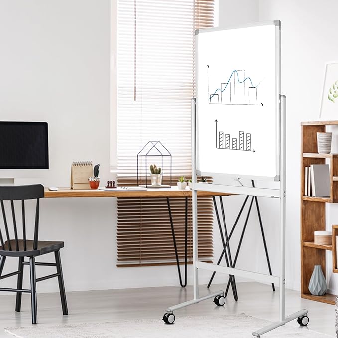Dry Erase Whiteboard Easel on Wheels - 24 x 36 inch Double Sided Mobile Whiteboard, Reversible Magnetic Double Sided Rolling whiteboard Mobile White Board for Home Office Classroom, (24“x 36”)