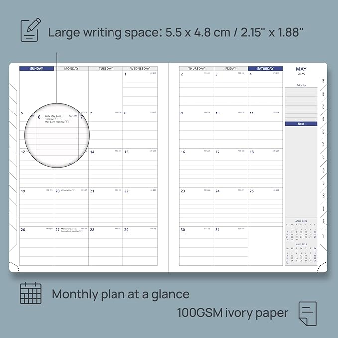 POPRUN 2025 Monthly Calendar 8.5" x 11", Large Writing Space Monthly Planner with PU Leather Soft Cover, Dual Pockets, Monthly Tabs, 100GSM Thick Paper, Sunday Start - Forest Green